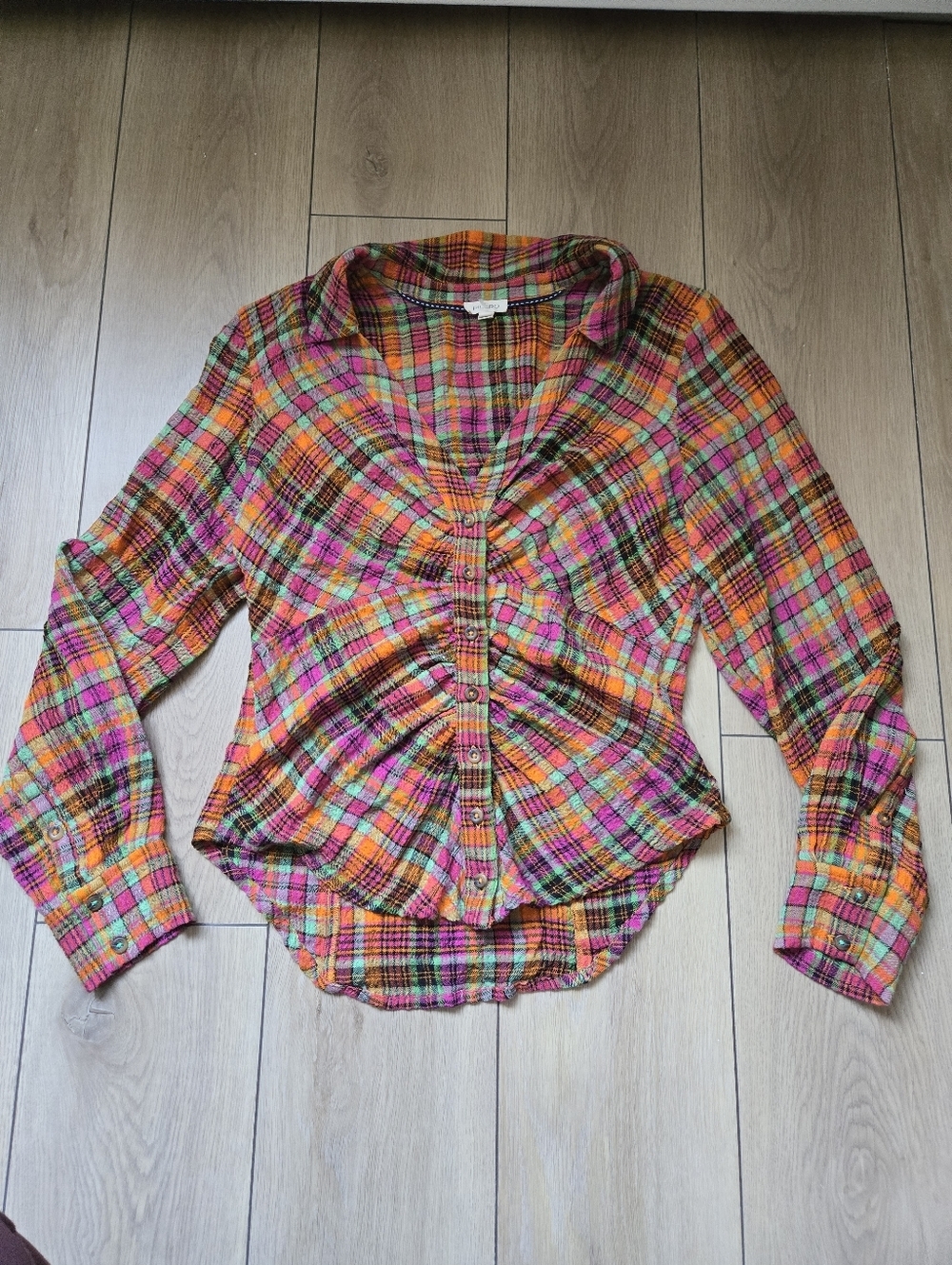 Anthropologie Pilcro Ruched Deep-V Plaid Buttondown Shirt Size S - Picture 3 of 9